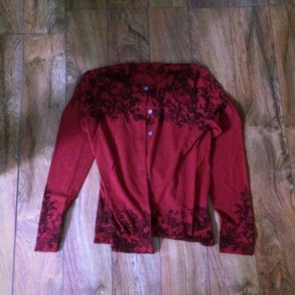 Charter Club Tops - Beautiful Charter Club Red Cardigan with Black Floral Design